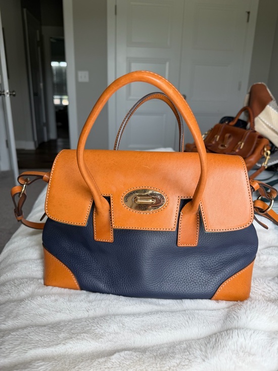Dooney & Bourke Handbags - Dooney & Bourke Navy and Tan Leather Satchel